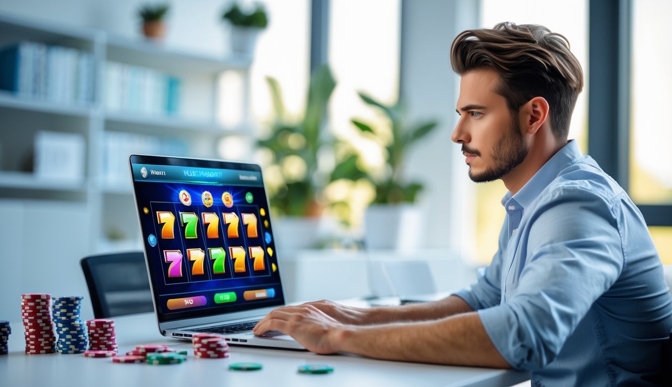 Seorang pria duduk di meja modern sambil fokus melihat layar laptop yang menampilkan permainan slot online dengan gulungan berwarna-warni.