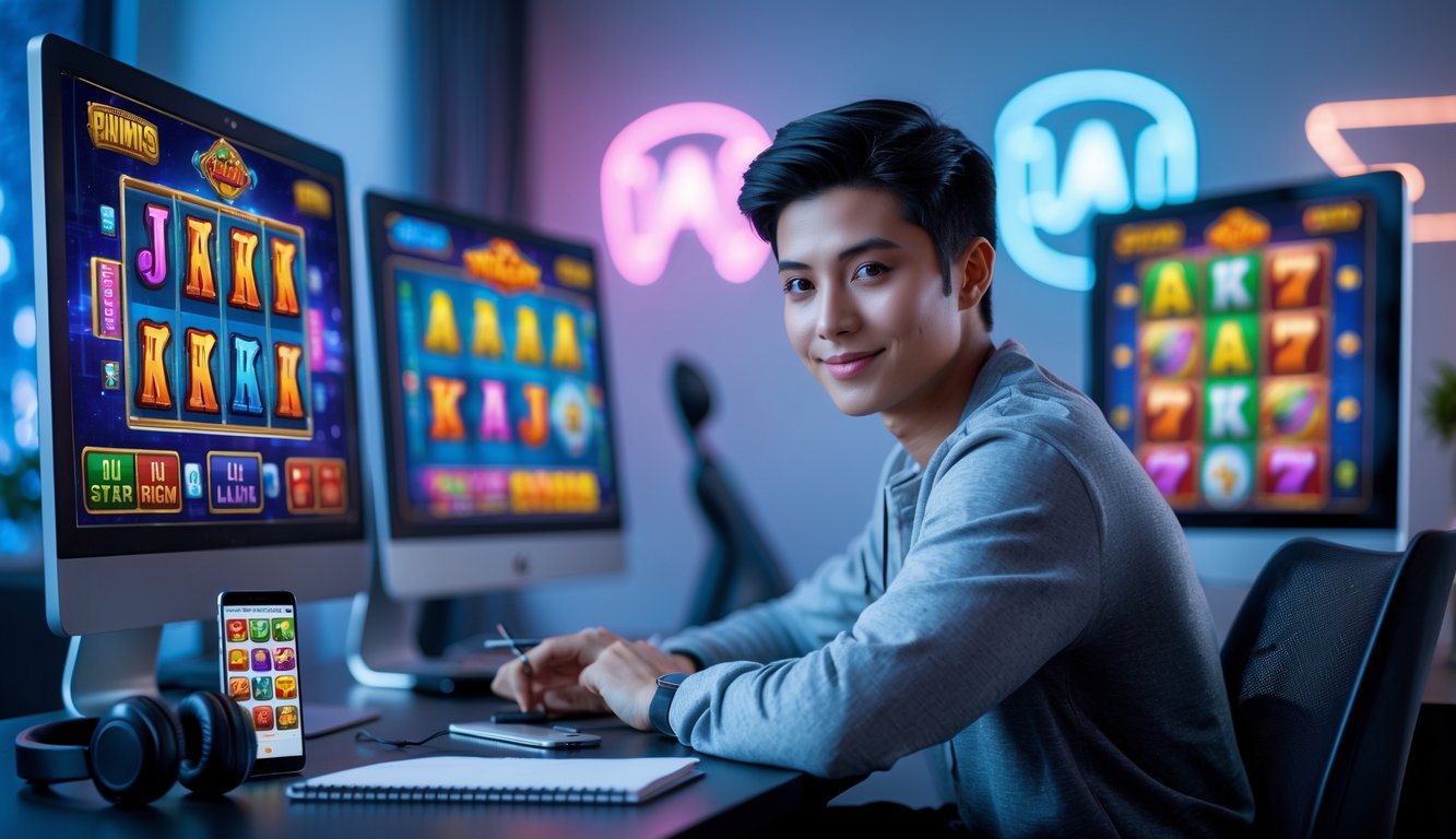 Seorang dewasa muda duduk di meja dengan beberapa monitor komputer yang menampilkan permainan slot online berwarna-warni, di ruangan modern dengan pencahayaan lembut dan dekorasi bertema permainan digital.