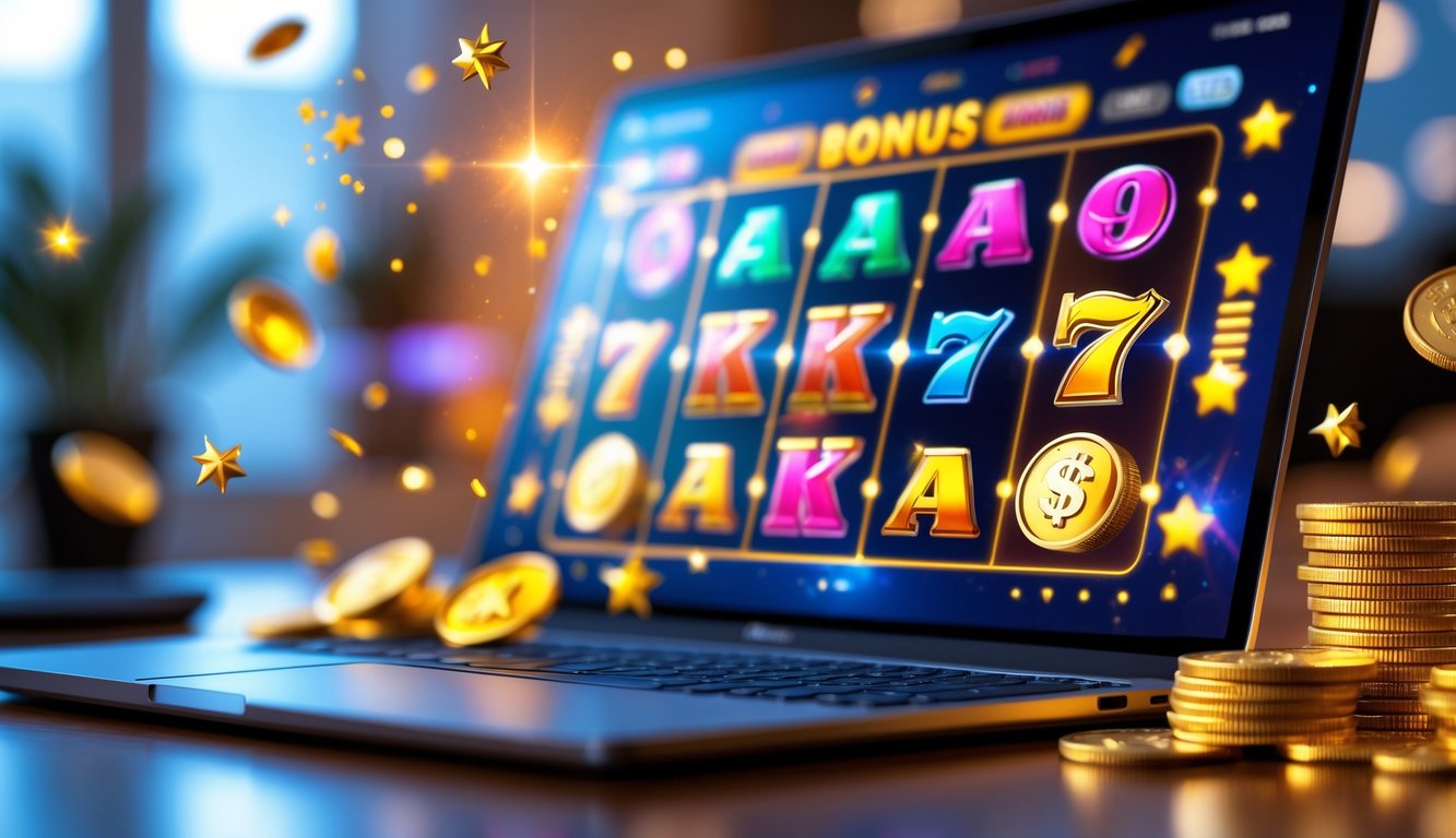 Seseorang bermain permainan slot online di perangkat digital dengan koin emas dan simbol bonus di sekitarnya.
