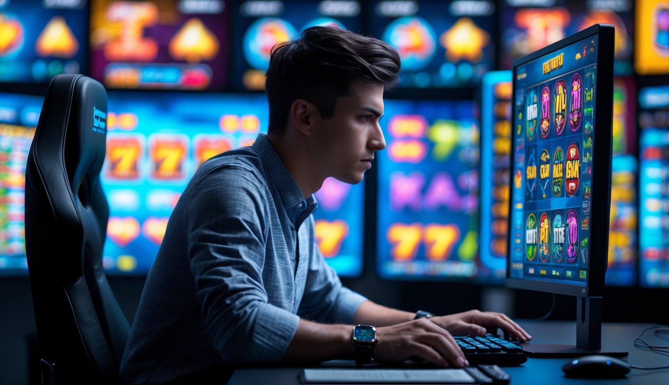 Seorang pria muda fokus bermain slot online di depan komputer dengan beberapa layar menampilkan permainan slot dan grafik di latar belakang.