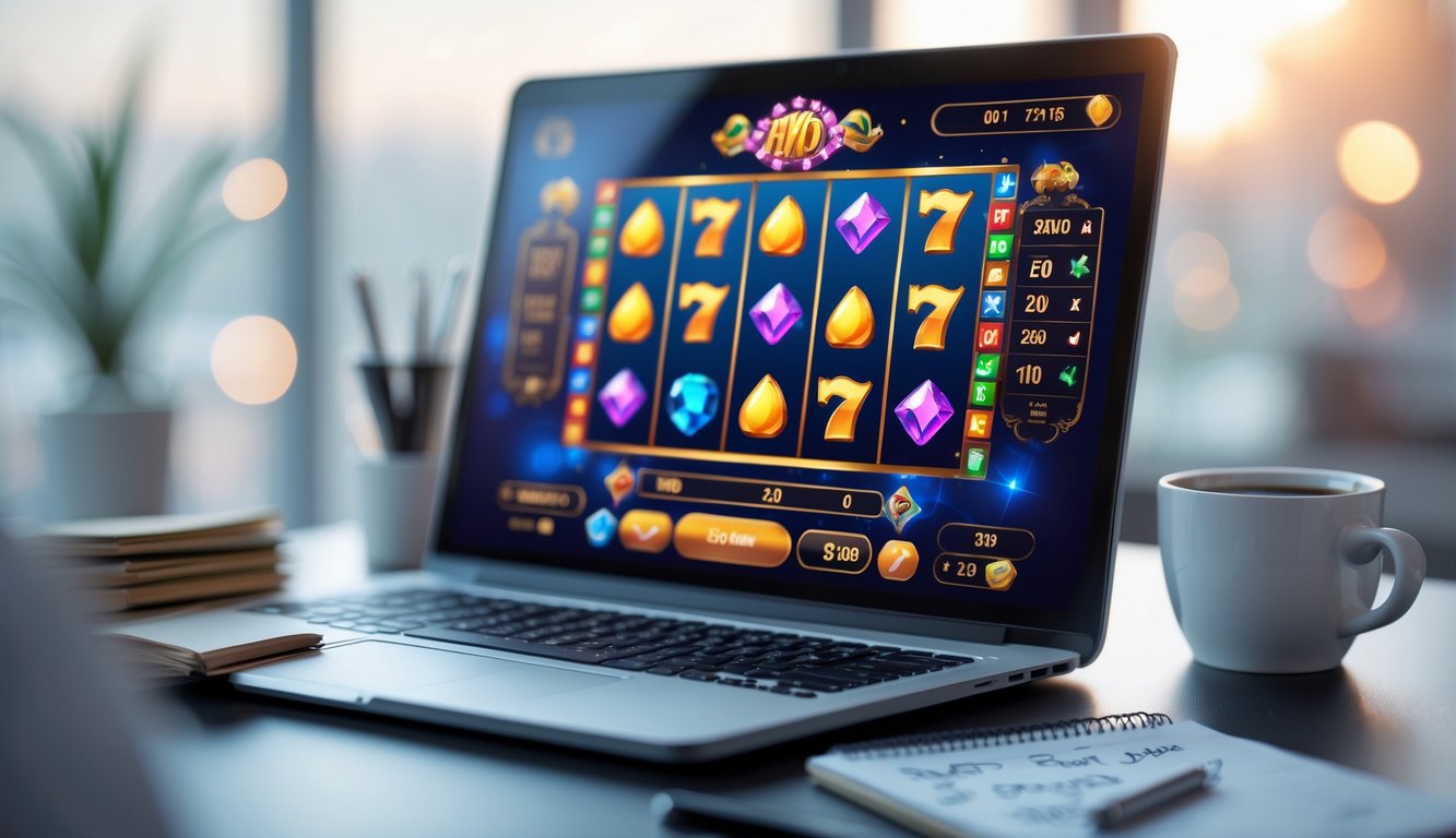 Seorang pengguna sedang bermain game slot online di laptop dengan latar belakang meja kerja yang rapi berisi catatan dan alat tulis.