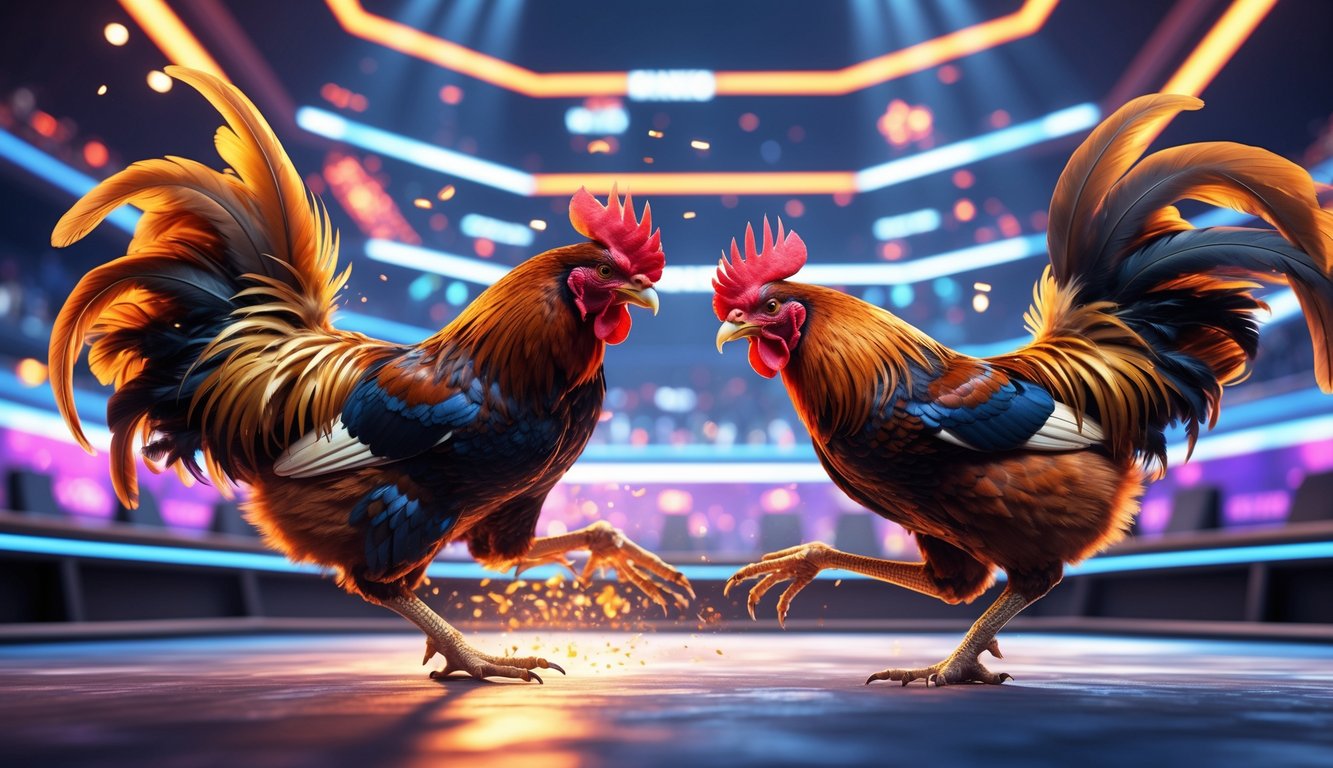 Dua ayam jago sedang bertarung di arena virtual dengan latar belakang digital dan lampu neon.