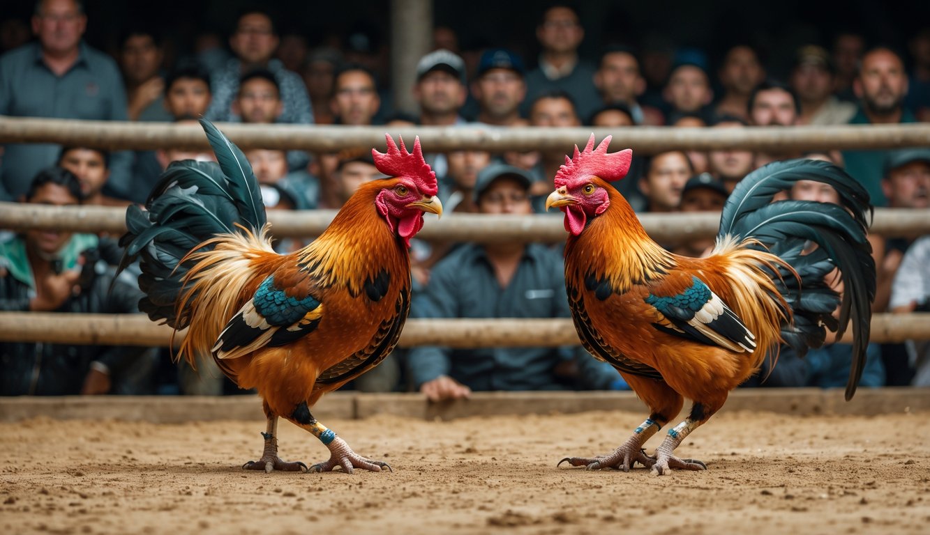 Dua ayam jago sedang bertarung di arena dengan penonton yang memperhatikan dengan serius di latar belakang.