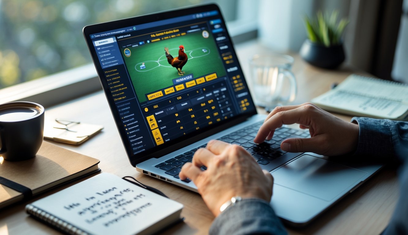 Seorang pria menggunakan laptop dan ponsel di meja kerja dengan tampilan permainan sabung ayam online di layar.