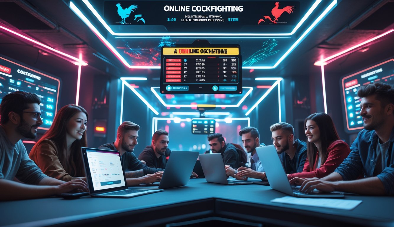 Orang-orang menggunakan perangkat digital untuk menonton pertandingan sabung ayam secara online di arena digital modern.