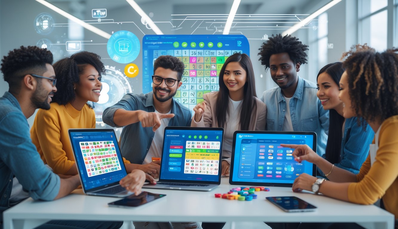 Sekelompok orang muda berkumpul di meja kerja dengan perangkat digital yang menampilkan permainan togel online.