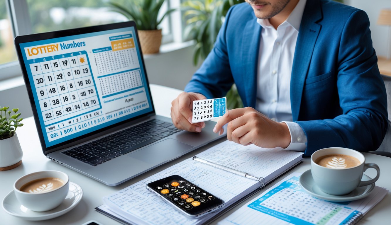 Seseorang sedang menganalisis angka togel di meja kerja dengan laptop, buku catatan, kopi, dan ponsel.