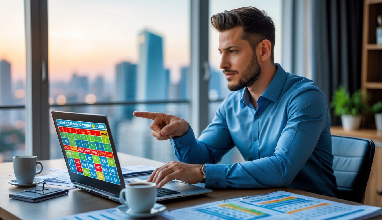Seorang pria duduk di depan laptop di meja kerja dengan catatan dan grafik, tampak fokus memikirkan strategi permainan togel.