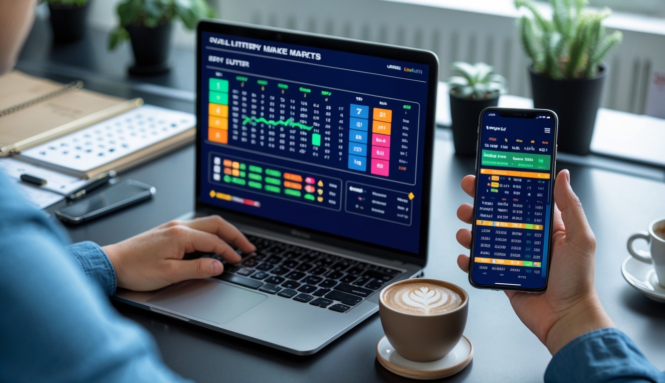 Meja kerja dengan laptop dan ponsel yang menampilkan aplikasi togel, suasana profesional dan terorganisir.