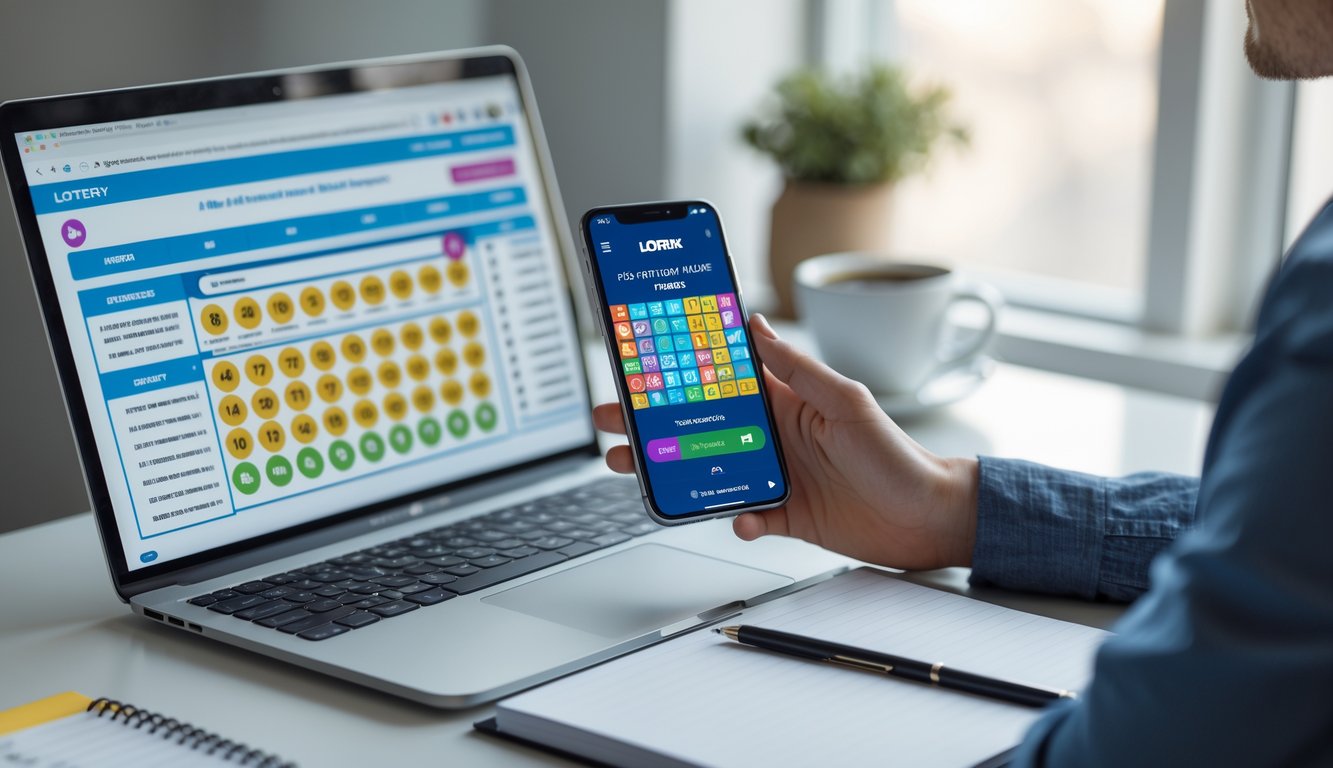 Meja kerja modern dengan laptop, ponsel, dan alat tulis, menunjukkan suasana pemain togel yang fokus dan tenang.