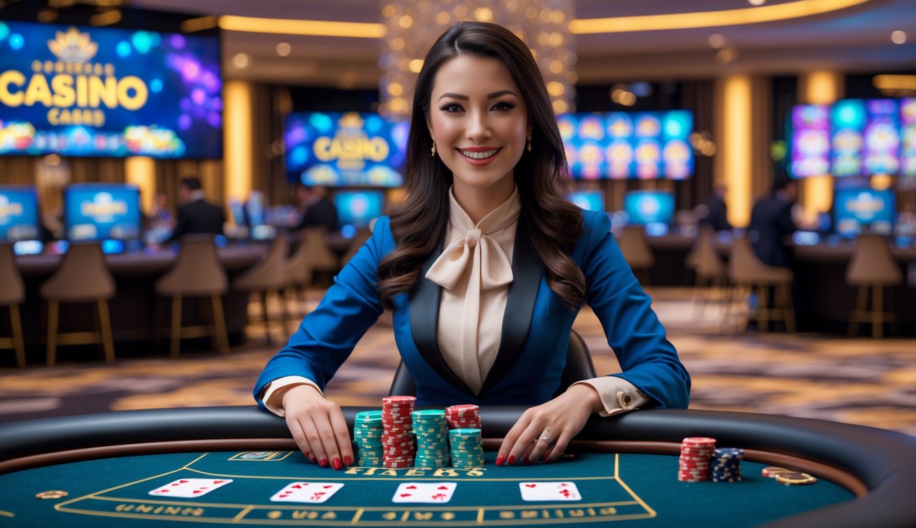 Seorang dealer wanita sedang duduk di meja permainan kasino dengan kartu dan chip, di latar belakang layar digital menampilkan permainan kasino.