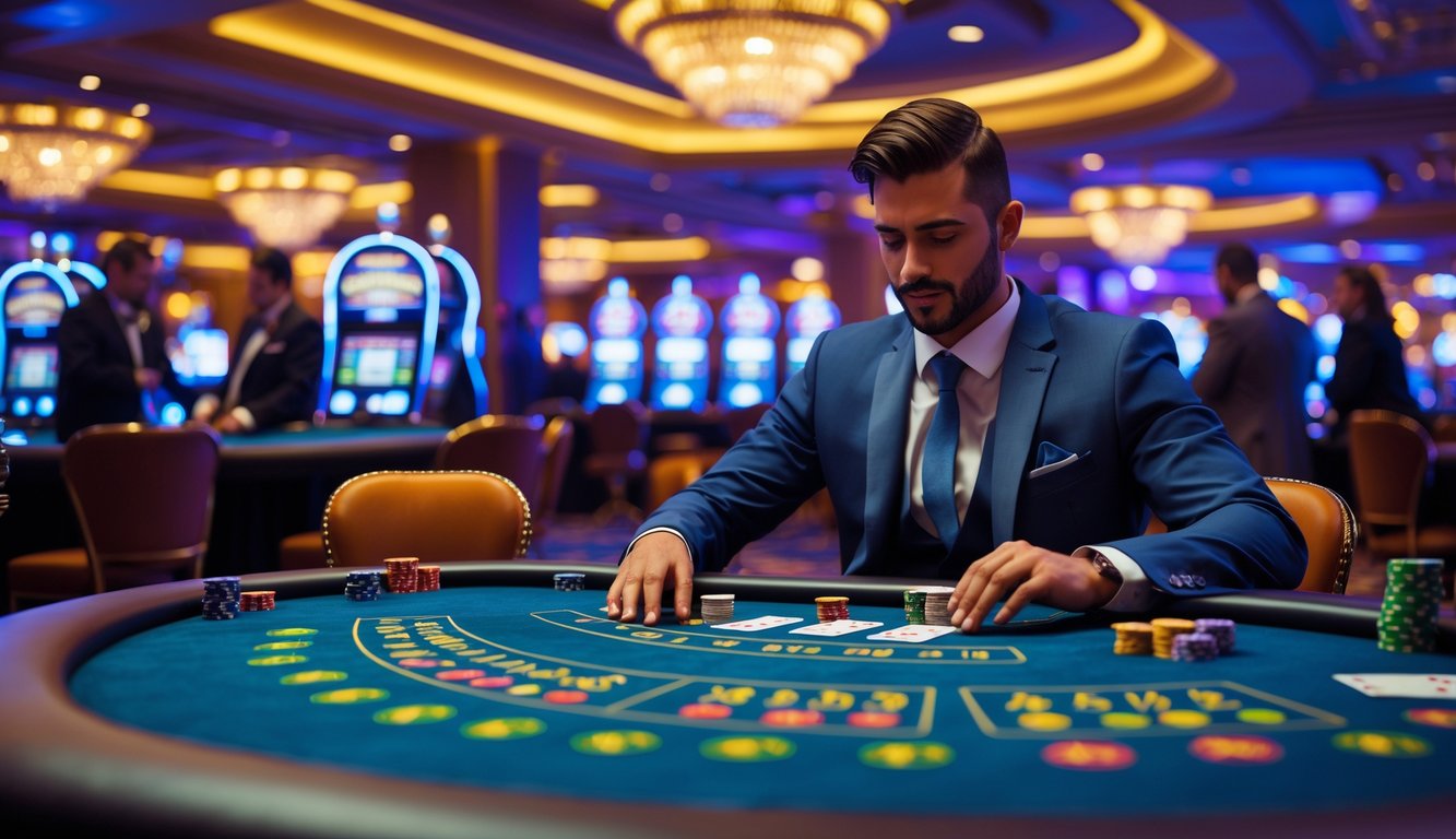 Seorang pemain profesional duduk di meja kasino langsung dengan dealer dan chip taruhan di sekitarnya.