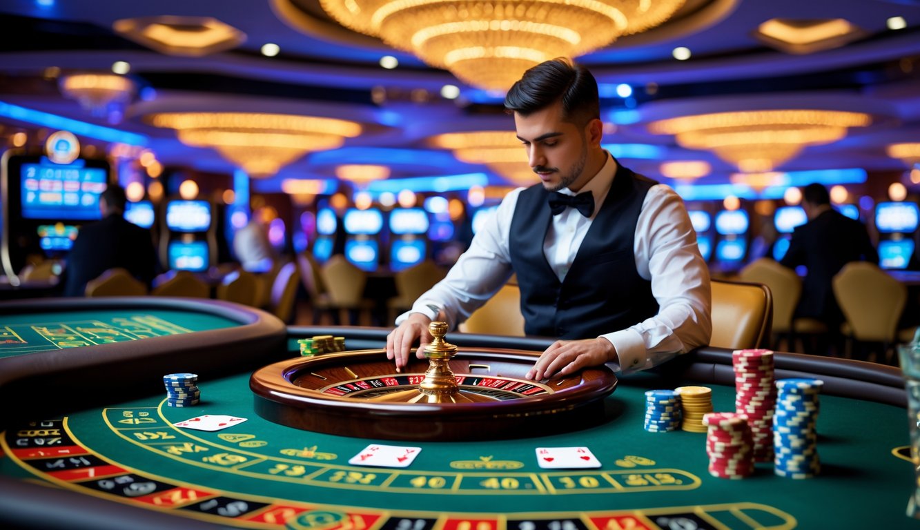 Seorang pemain berpakaian rapi sedang fokus merencanakan strategi di meja kasino dengan roda roulette dan tumpukan chip warna-warni.