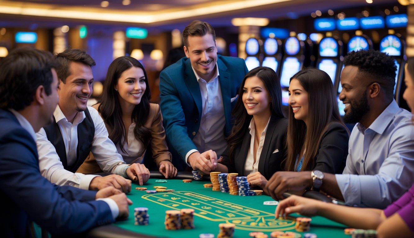 Sekelompok orang bermain di meja kasino langsung dengan dealer dan tumpukan chip di lingkungan kasino yang modern.