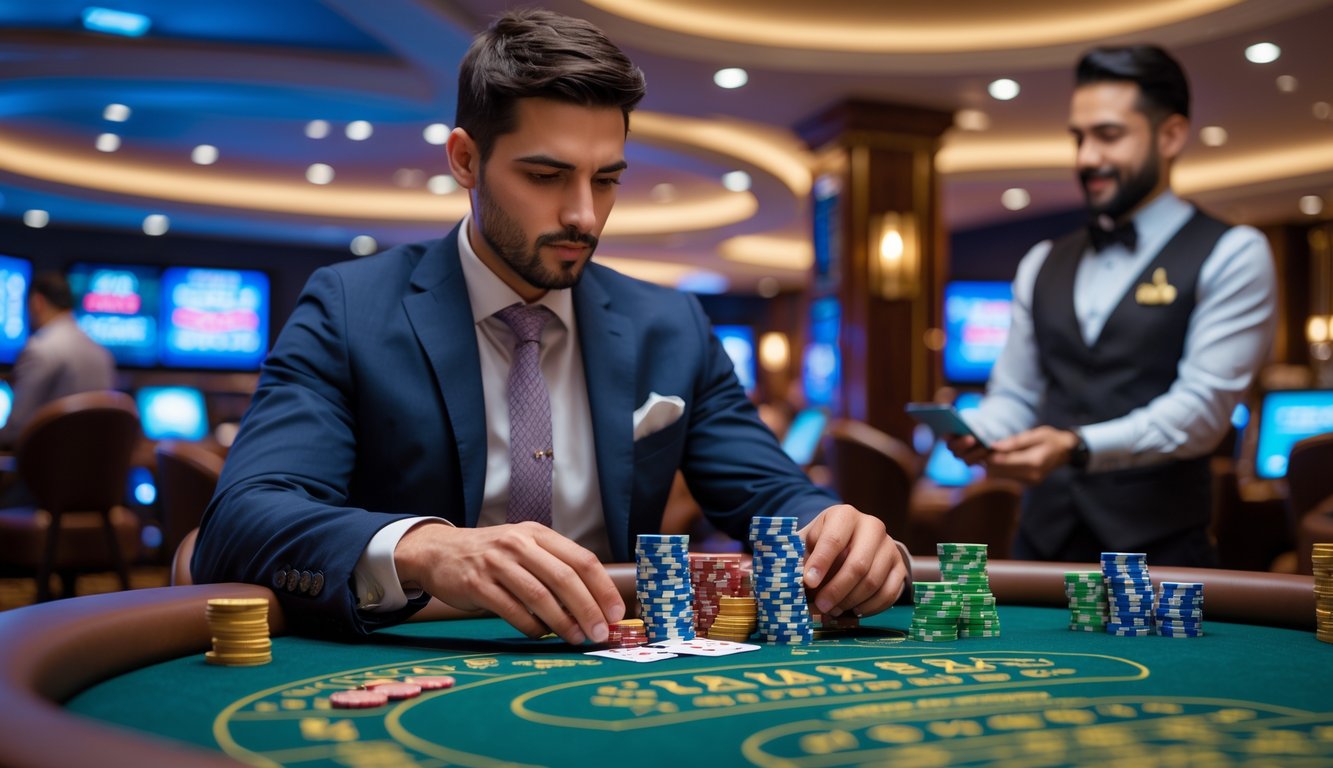 Seorang pemain dan dealer di meja kasino langsung sedang fokus bermain kartu dengan suasana kasino yang mewah.