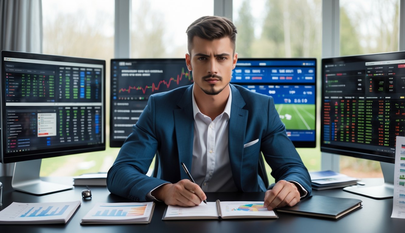 Seorang pria muda duduk di meja dengan beberapa layar komputer menampilkan statistik taruhan olahraga dan pertandingan langsung, sedang menganalisis data dengan serius di ruang kerja modern.