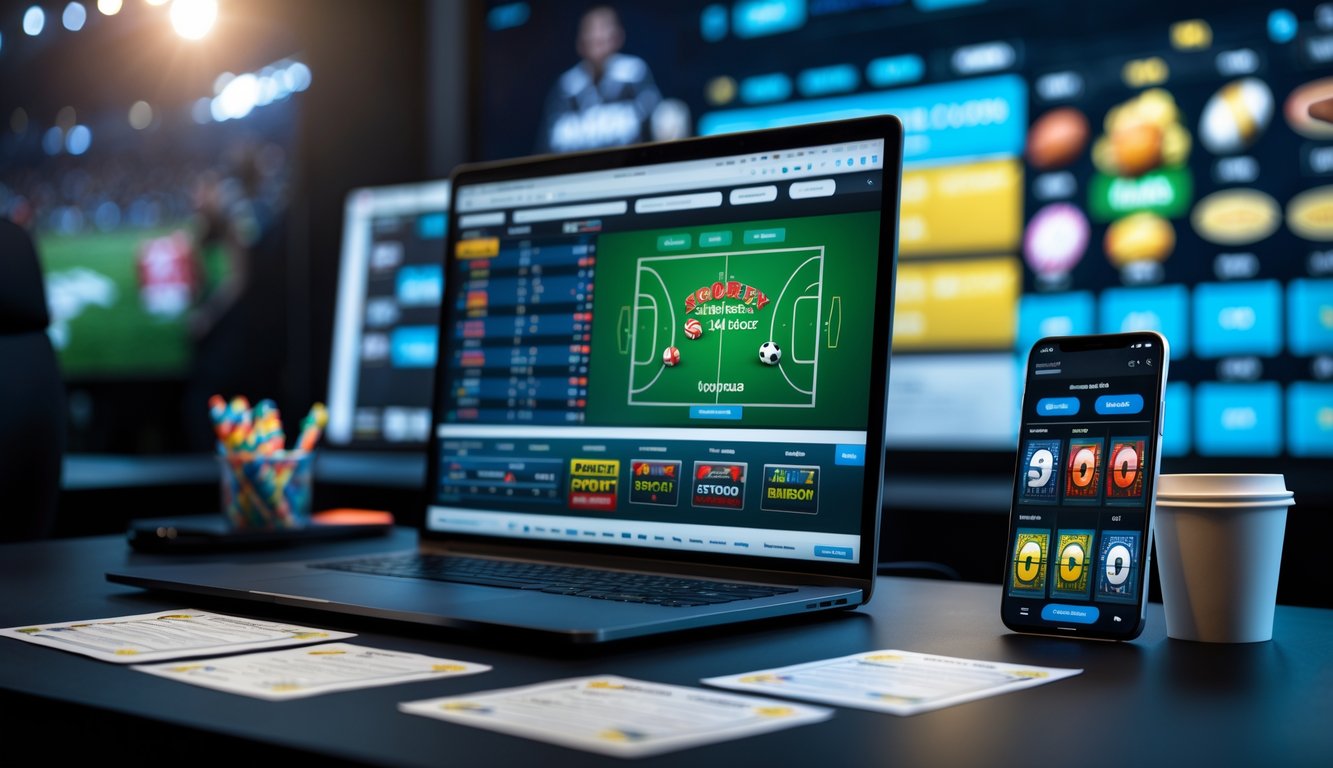 Seorang pria duduk di depan laptop dan smartphone dengan tampilan taruhan olahraga dan permainan kasino online di meja kerja modern.