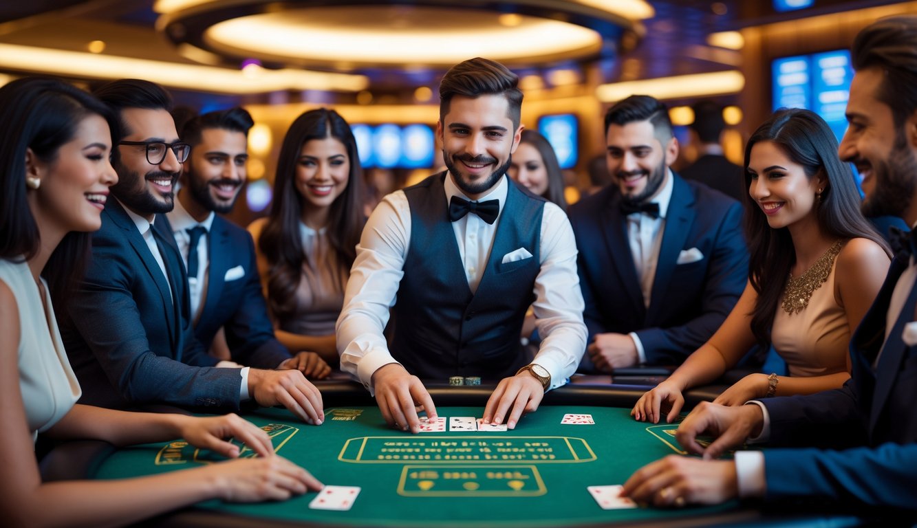 Suasana kasino langsung online dengan dealer profesional dan pemain yang sedang bermain di meja kasino.