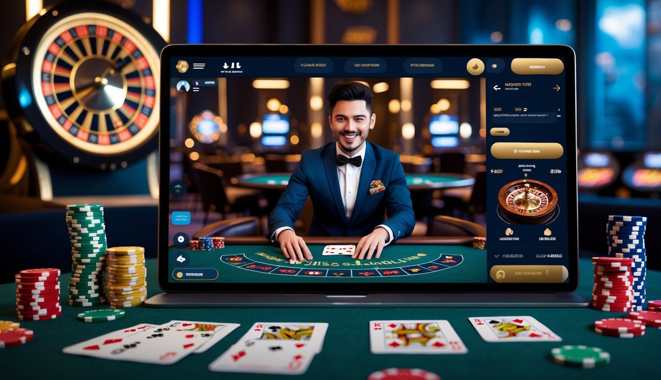 Seorang dealer kasino langsung sedang membagikan kartu di meja blackjack dengan tampilan antarmuka kasino online di layar komputer.