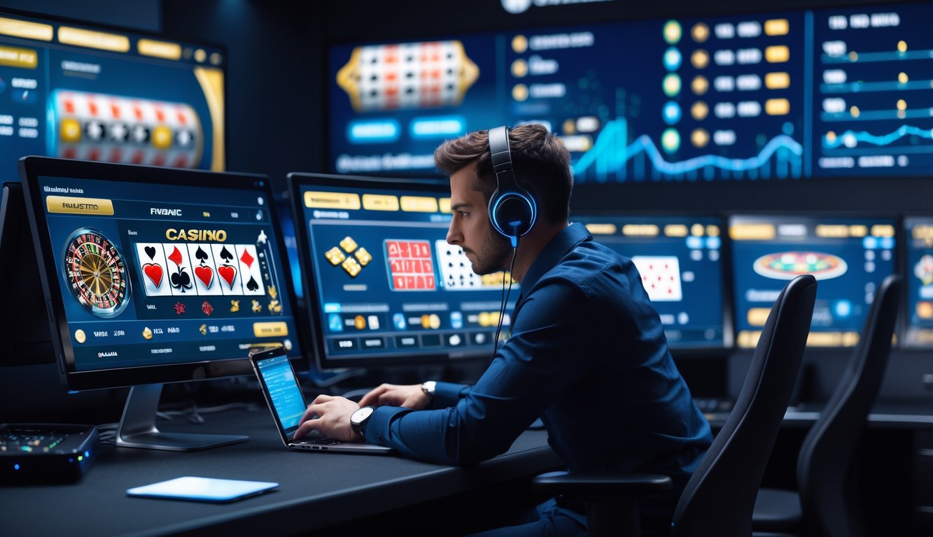 Seorang pemain serius menggunakan laptop di depan beberapa monitor yang menampilkan permainan kasino langsung online.