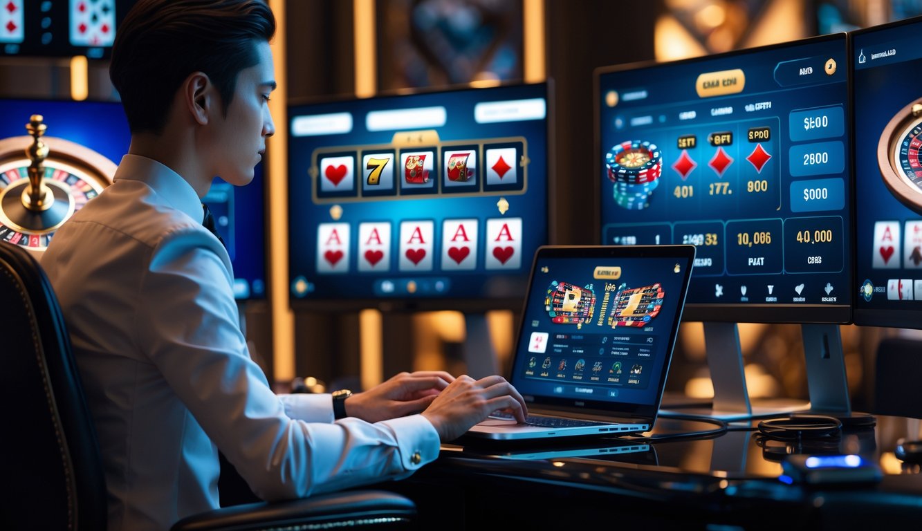 Seseorang duduk di depan komputer dan ponsel dengan layar yang menampilkan permainan kasino langsung online.