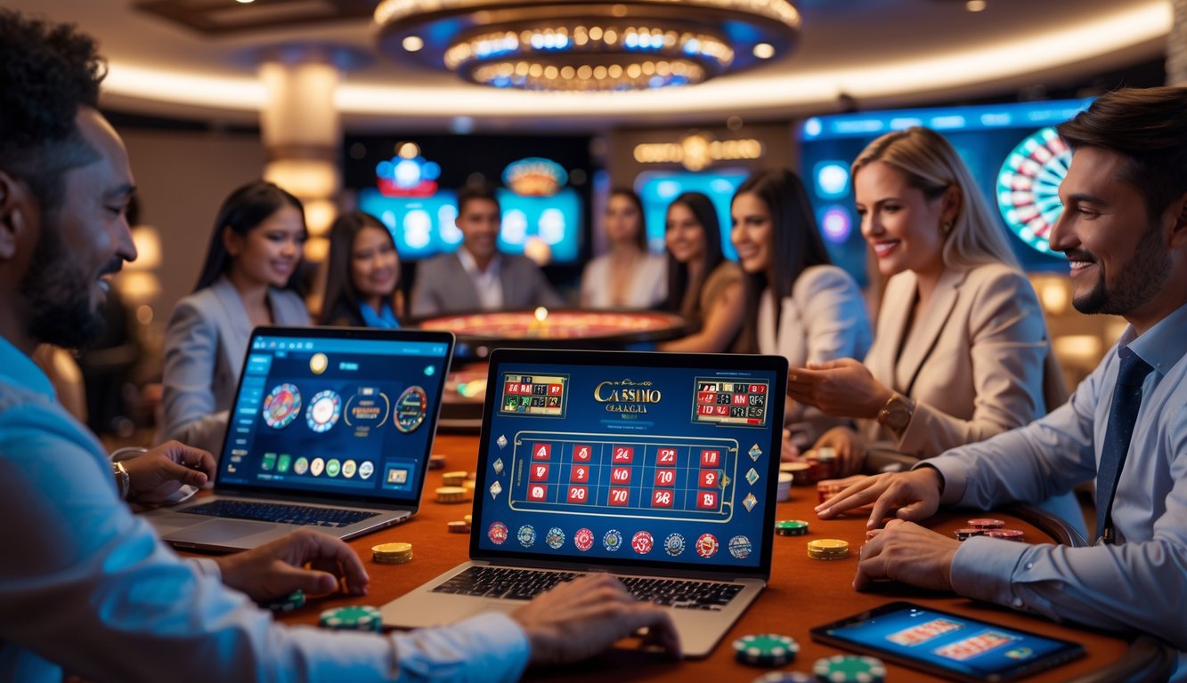 Beberapa orang sedang bermain kasino online dengan perangkat digital di lingkungan kasino modern yang terang dan ramai.