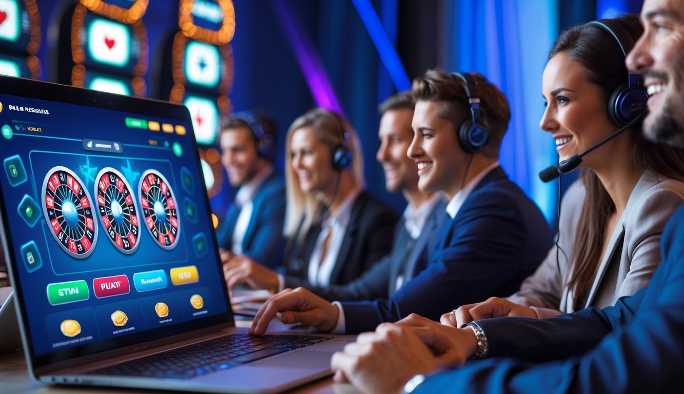 Beberapa orang bermain kasino online dengan antusias di depan layar komputer yang menampilkan permainan kasino digital.