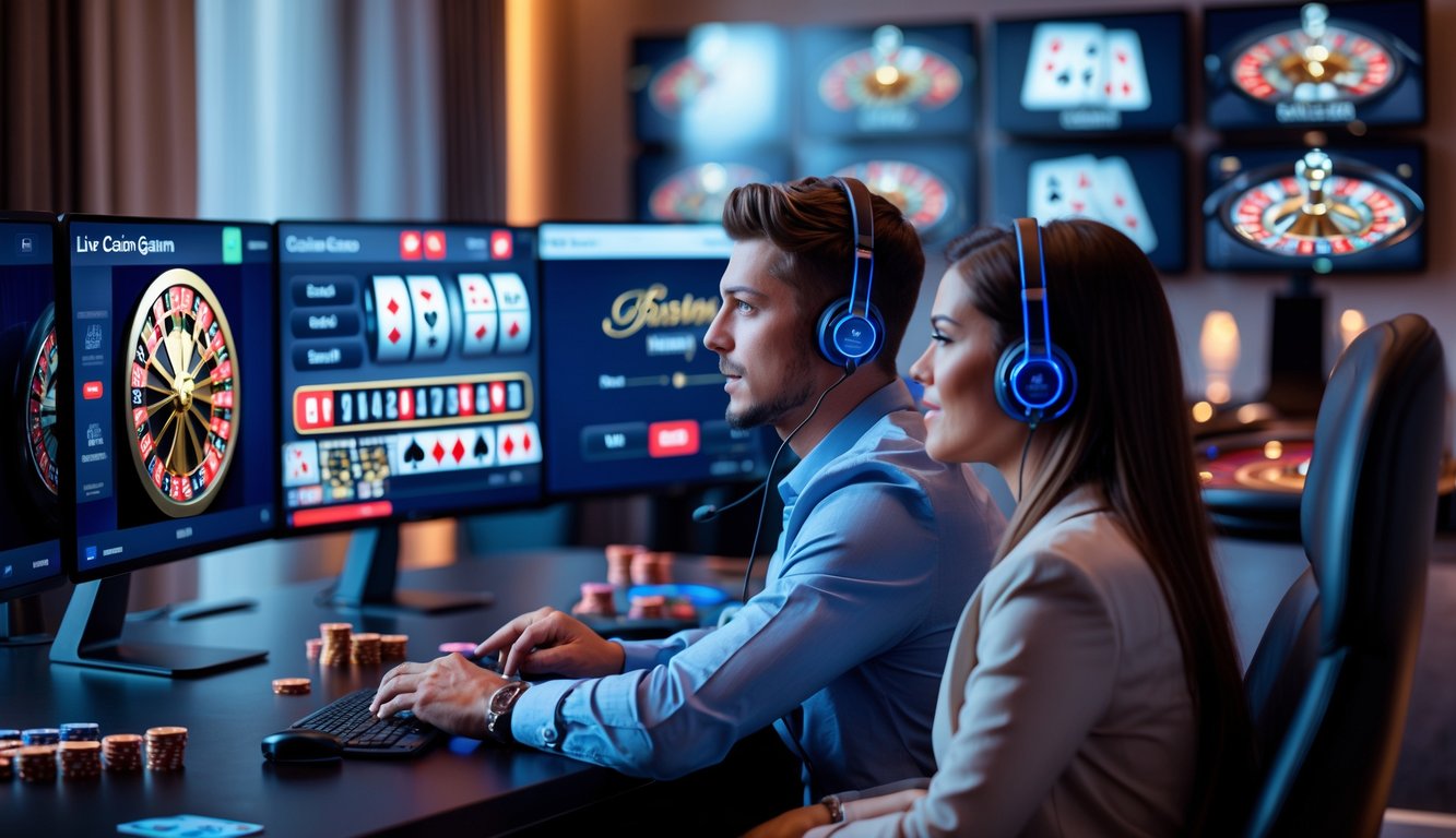 Dua pemain muda sedang bermain kasino live online dengan komputer dan headphone di ruangan modern yang nyaman.