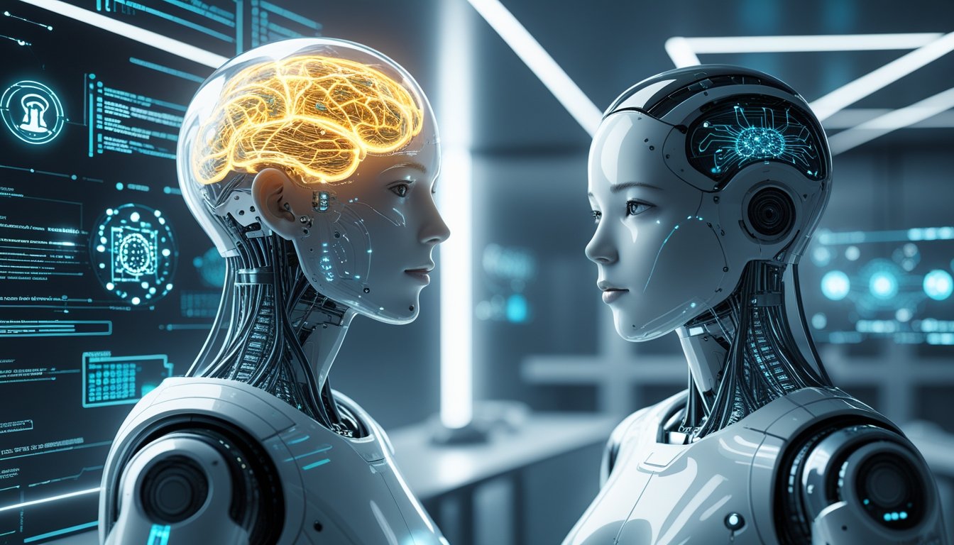 A humanoid robot with a transparent head showing glowing neural networks and circuits, surrounded by floating holographic data streams in a modern laboratory setting.