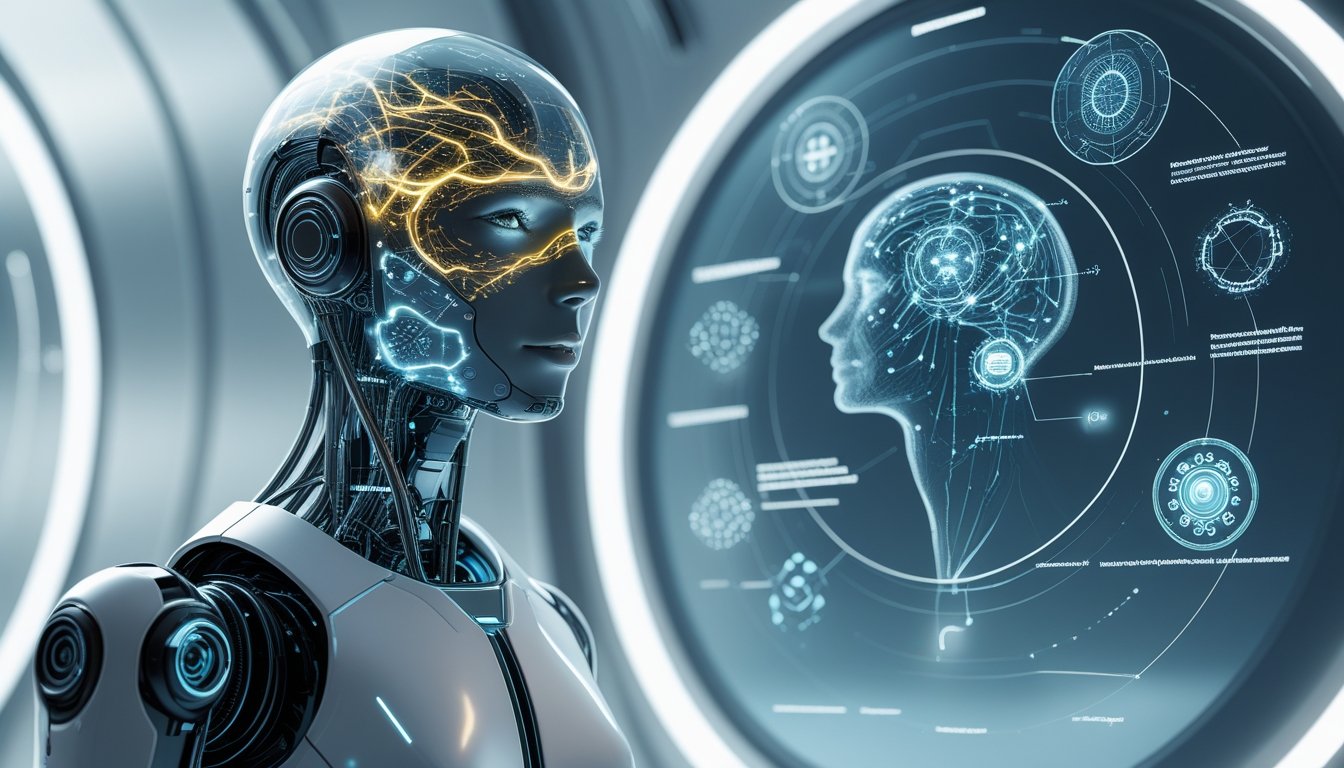 A humanoid robot with a transparent head showing glowing neural circuits, surrounded by floating holographic diagrams and geometric shapes in a futuristic digital environment.