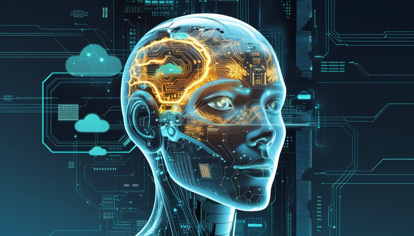 A futuristic humanoid robot head with glowing neural circuits surrounded by digital circuit boards and network nodes representing machine consciousness and technological architecture.