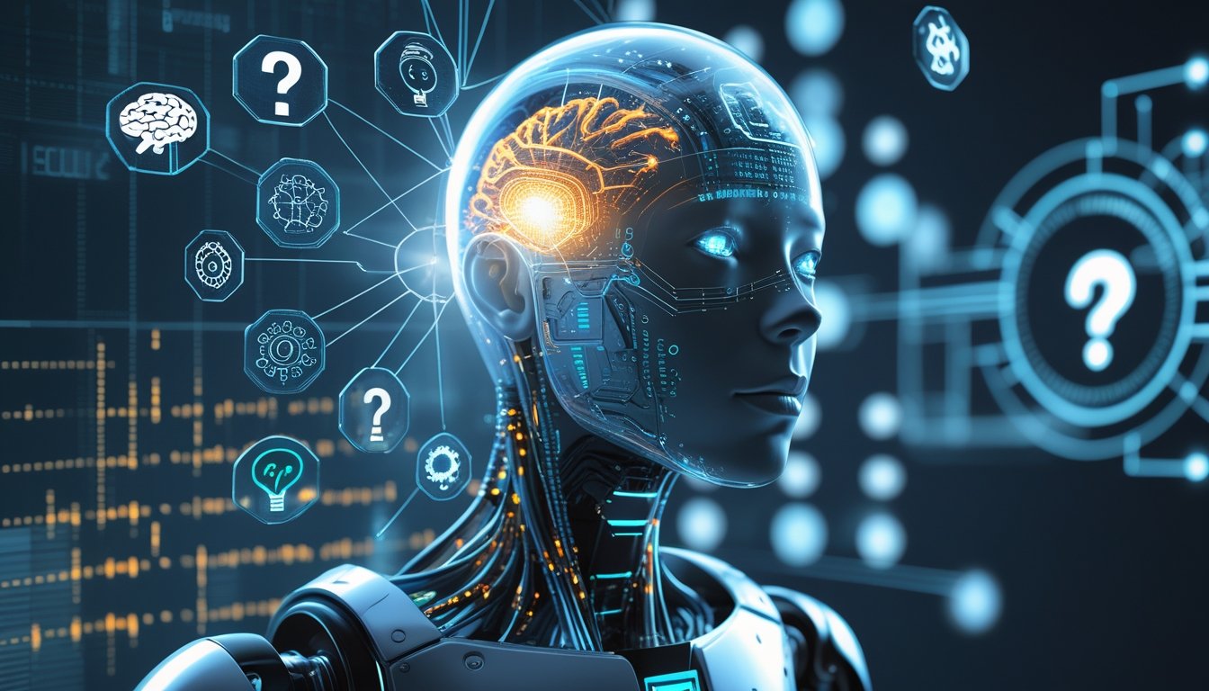 A humanoid robot with a transparent head showing glowing neural circuits, surrounded by floating symbols and abstract digital patterns representing questions and technology.