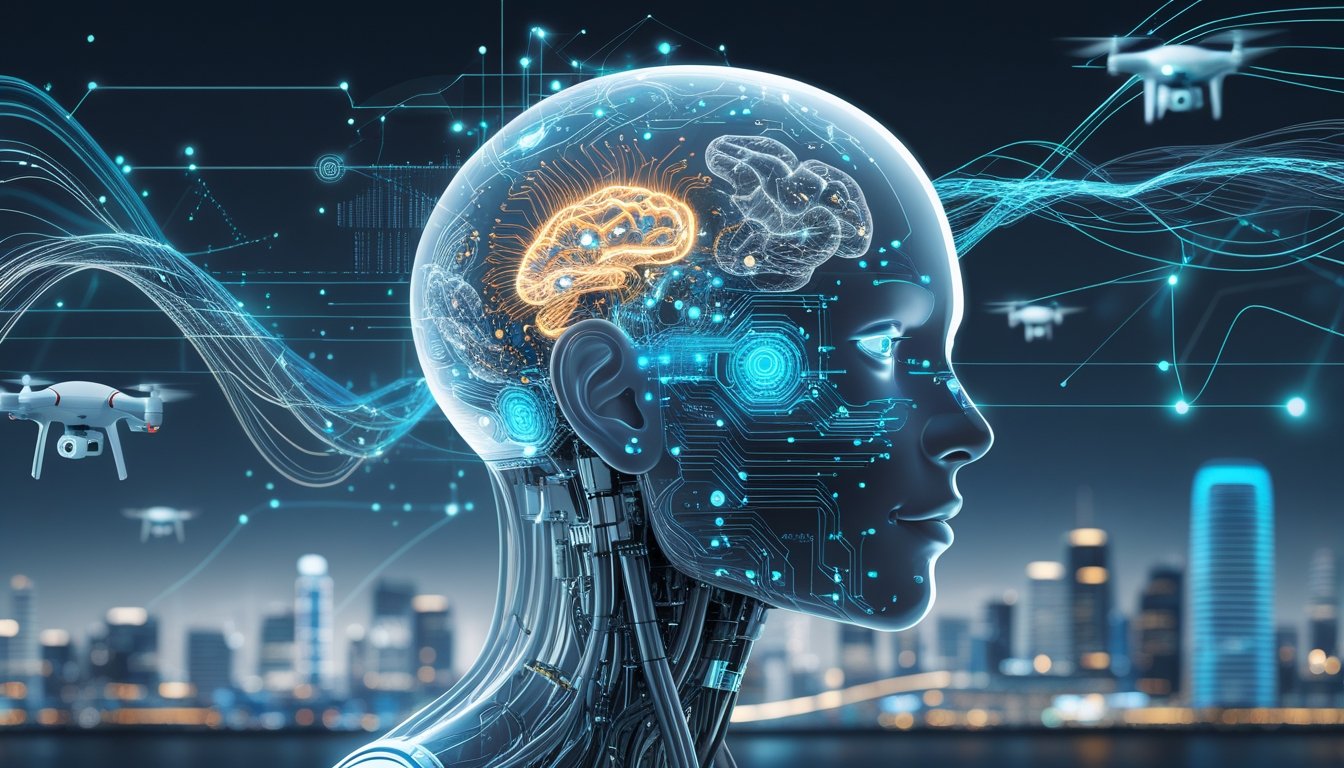 A futuristic humanoid robot head with glowing neural networks and digital brainwaves, surrounded by holographic data streams and a cityscape with flying drones in the background.