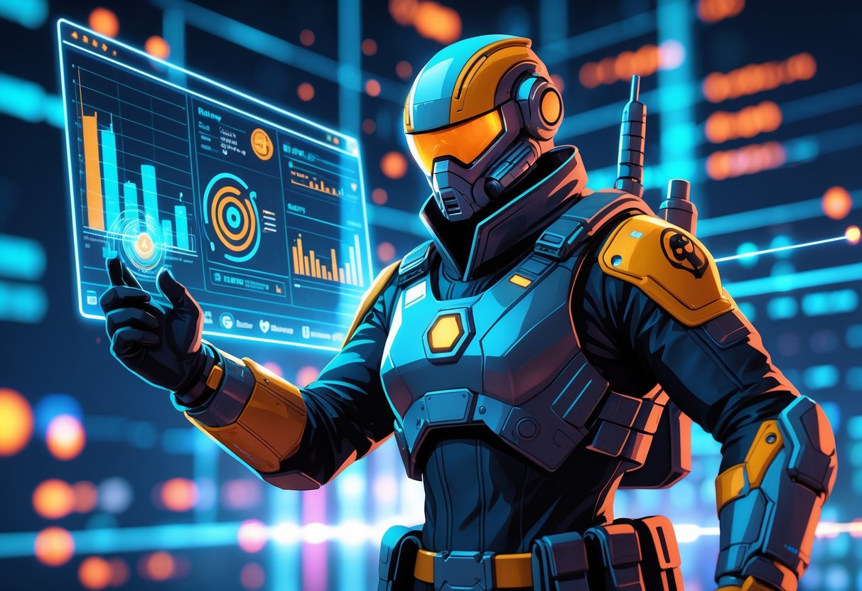 Seorang pemburu hadiah futuristik dengan perangkat canggih sedang menganalisis data digital dan pola putaran yang bersinar di latar belakang teknologi tinggi.