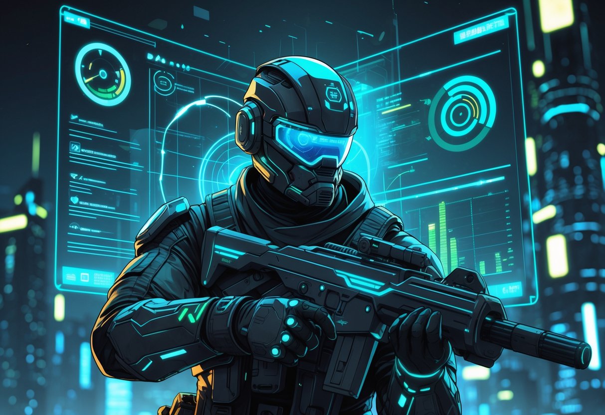 Seorang pemburu hadiah futuristik dengan perlengkapan canggih berdiri di depan tampilan holografik yang menampilkan data dan pola putaran terbaru di latar kota cyberpunk yang terang.