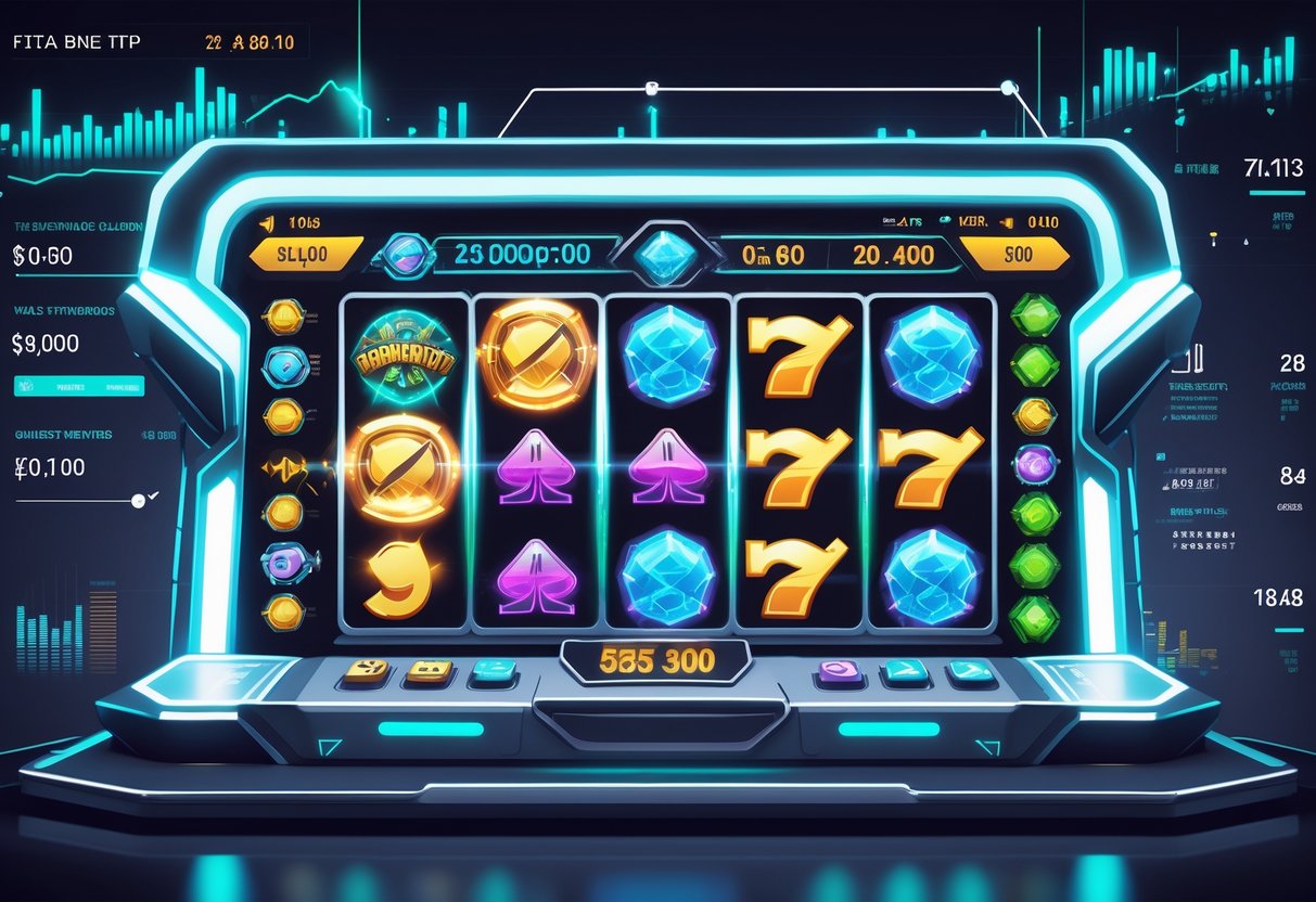 Ilustrasi mesin slot futuristik dengan gulungan berputar dan grafik data di latar belakang yang menunjukkan pembaruan waktu nyata dan pola kemenangan.