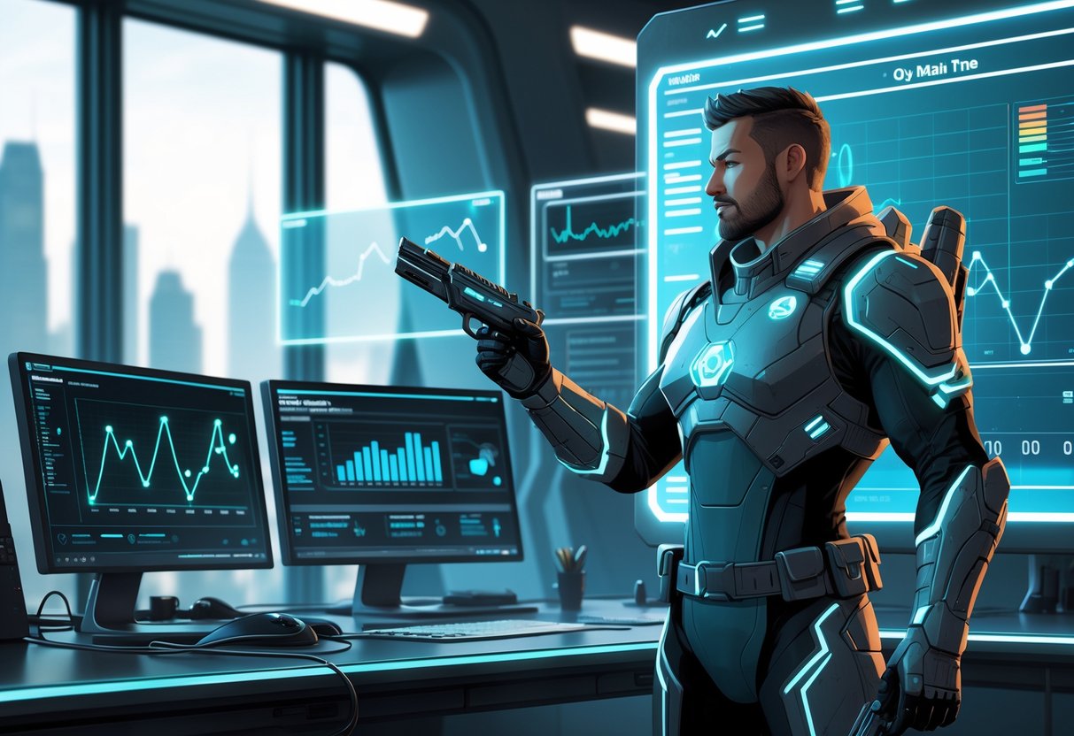 Seorang pemburu hadiah futuristik sedang menganalisis data statistik pada layar holografik di pusat komando modern dengan pemandangan kota futuristik di latar belakang.