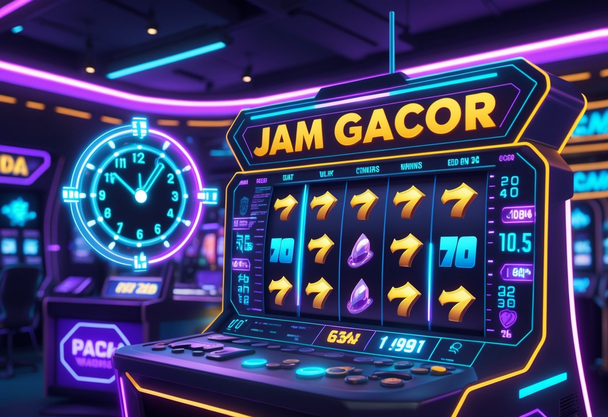 Ilustrasi mesin slot bertema pemburu hadiah dengan jam dan grafik yang menunjukkan waktu paling efektif untuk bermain berdasarkan statistik.