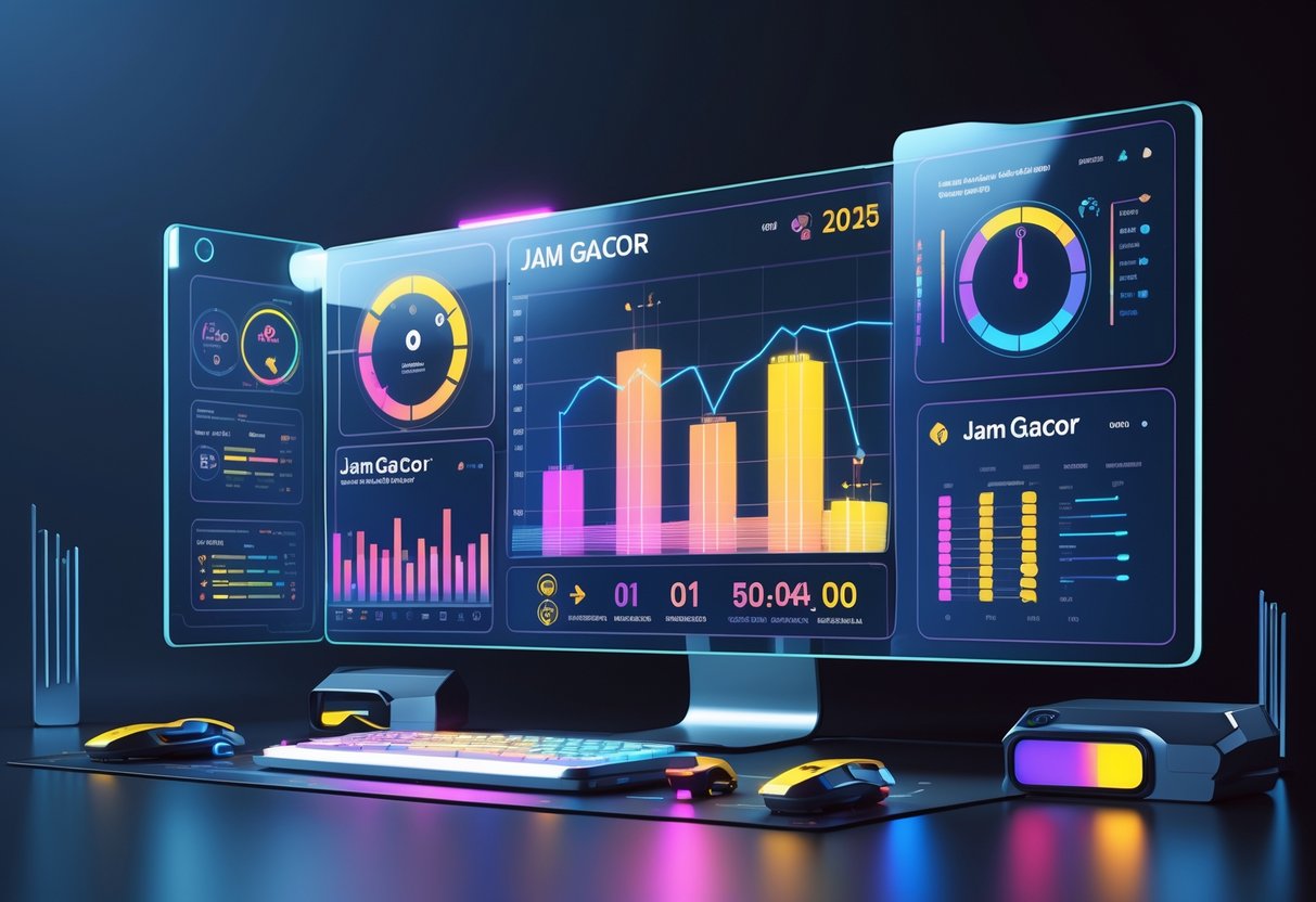 Ilustrasi panel data digital yang menampilkan grafik dan jam untuk menunjukkan waktu paling efektif bermain Bounty Hunter berdasarkan statistik tahun 2025.