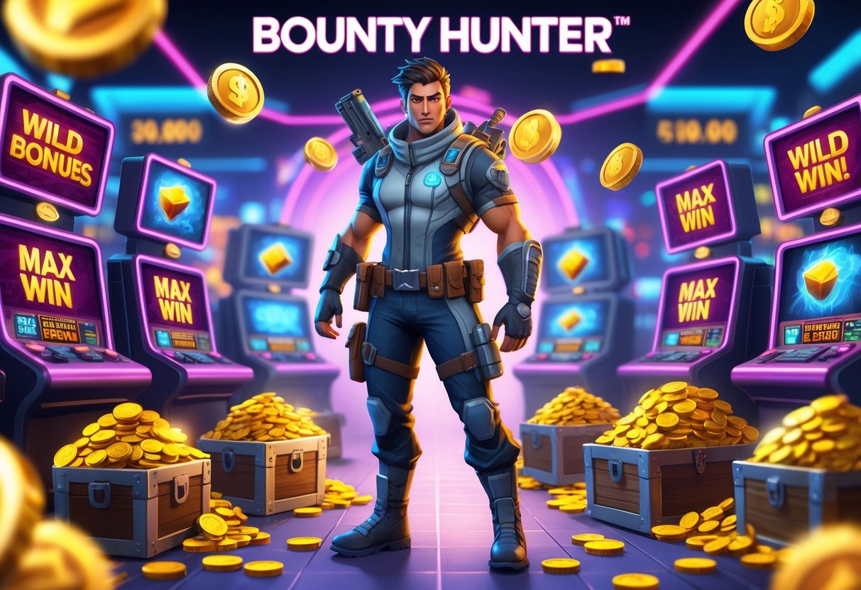 Seorang pemburu hadiah berdiri di tengah kasino dengan mesin slot dan harta karun di sekitarnya.