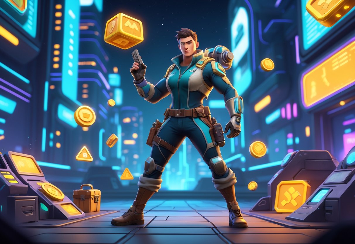 Seorang pemburu hadiah berdiri di lingkungan futuristik dengan gadget canggih, dikelilingi oleh ikon bonus dan peti harta karun yang bersinar.