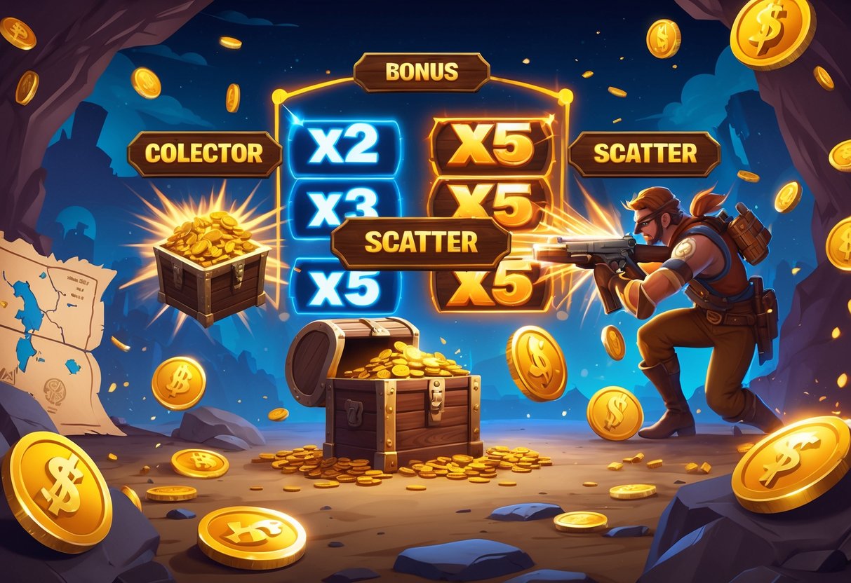 Ilustrasi fitur bonus dalam permainan slot dengan karakter pemburu hadiah, peti harta karun, simbol pengali, dan lencana scatter tersebar di latar petualangan yang penuh warna.