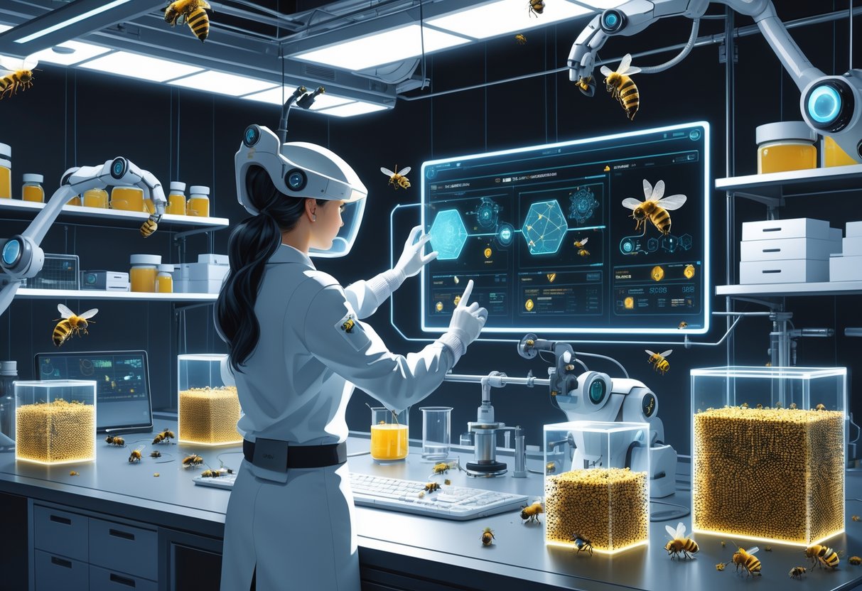 Seorang ilmuwan di laboratorium futuristik sedang mengamati lebah dan sarang lebah dengan peralatan canggih.