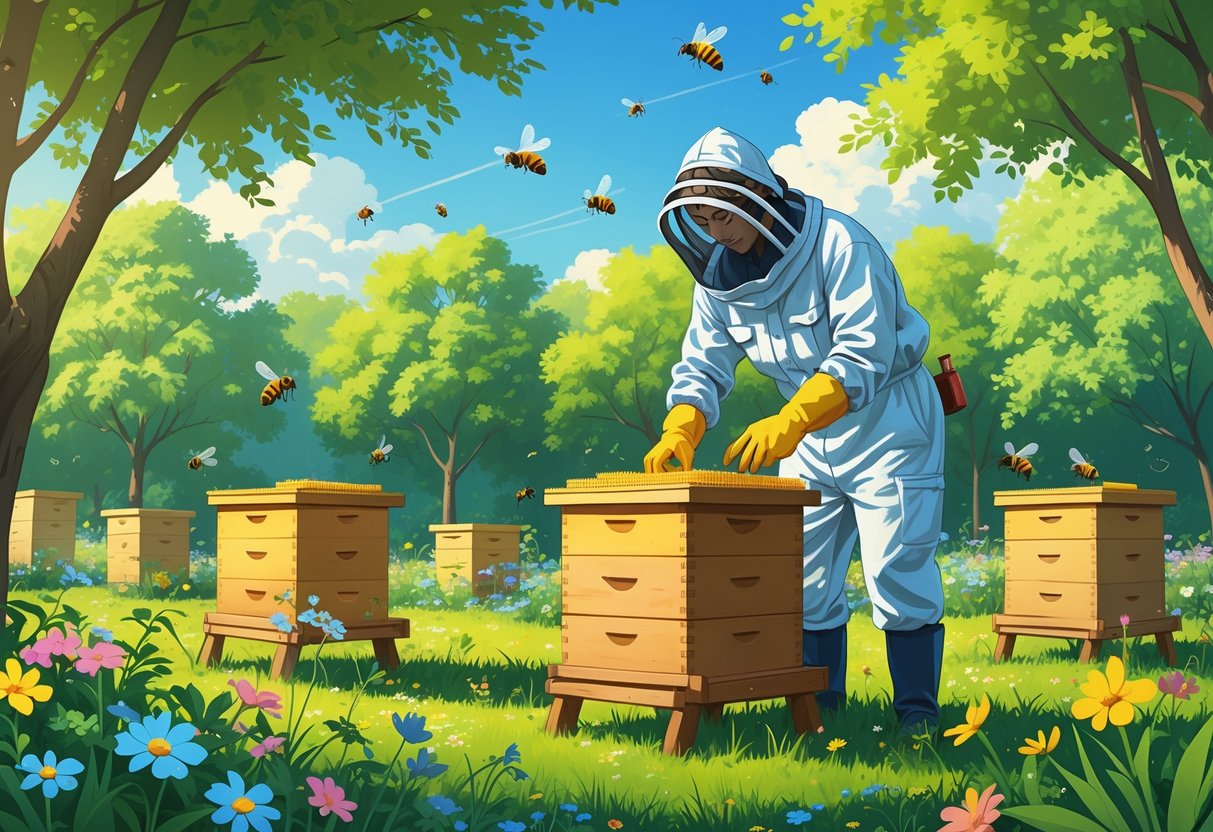 Seorang peternak lebah sedang merawat sarang lebah di kebun yang penuh dengan bunga dan pohon hijau di bawah langit biru.
