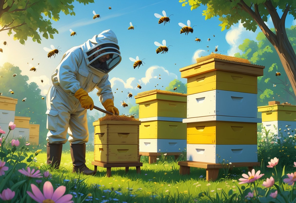 Seorang peternak lebah sedang merawat sarang lebah di lingkungan hijau dengan bunga dan lebah yang terbang di sekitar.