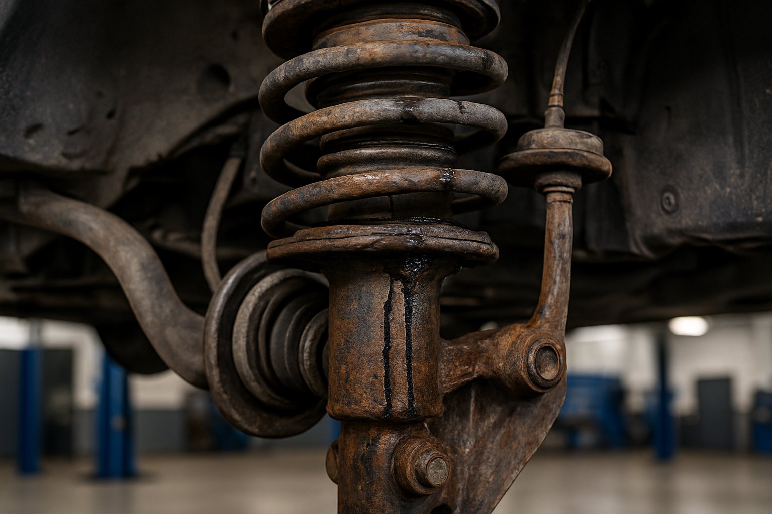 Close-up view of a car's suspension system showing worn and rusted struts with oil leakage.