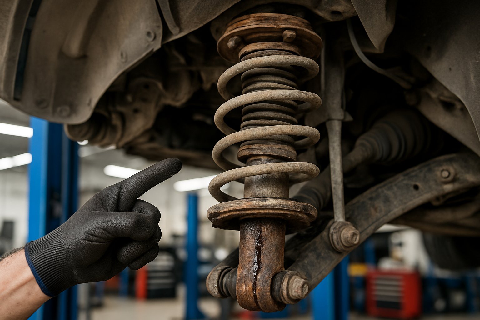Close-up of a car's worn struts in a repair shop with a mechanic pointing at the damaged part.