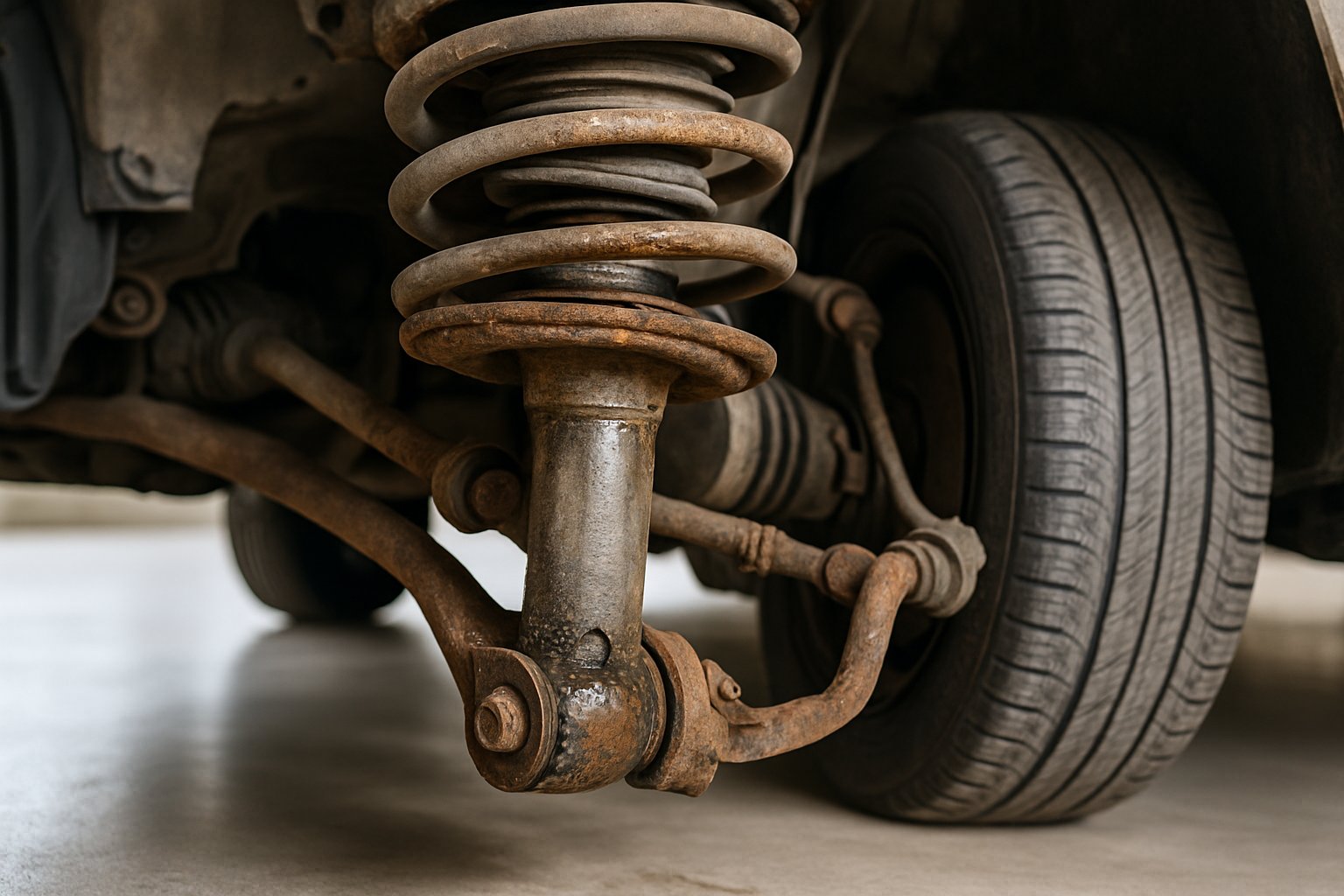 Close-up of a car's suspension showing worn struts with oil leakage, rust, compressed spring, and uneven tire wear.