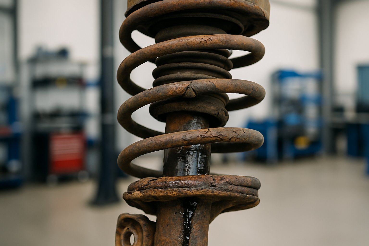 Close-up of a car suspension showing worn struts with rust, fluid leaks, and damaged springs in a workshop setting.