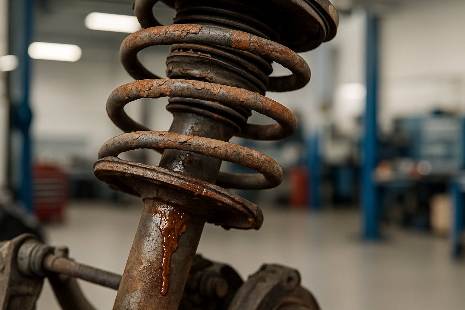 Close-up of a car's suspension system showing worn struts with visible rust and damage in an automotive workshop.